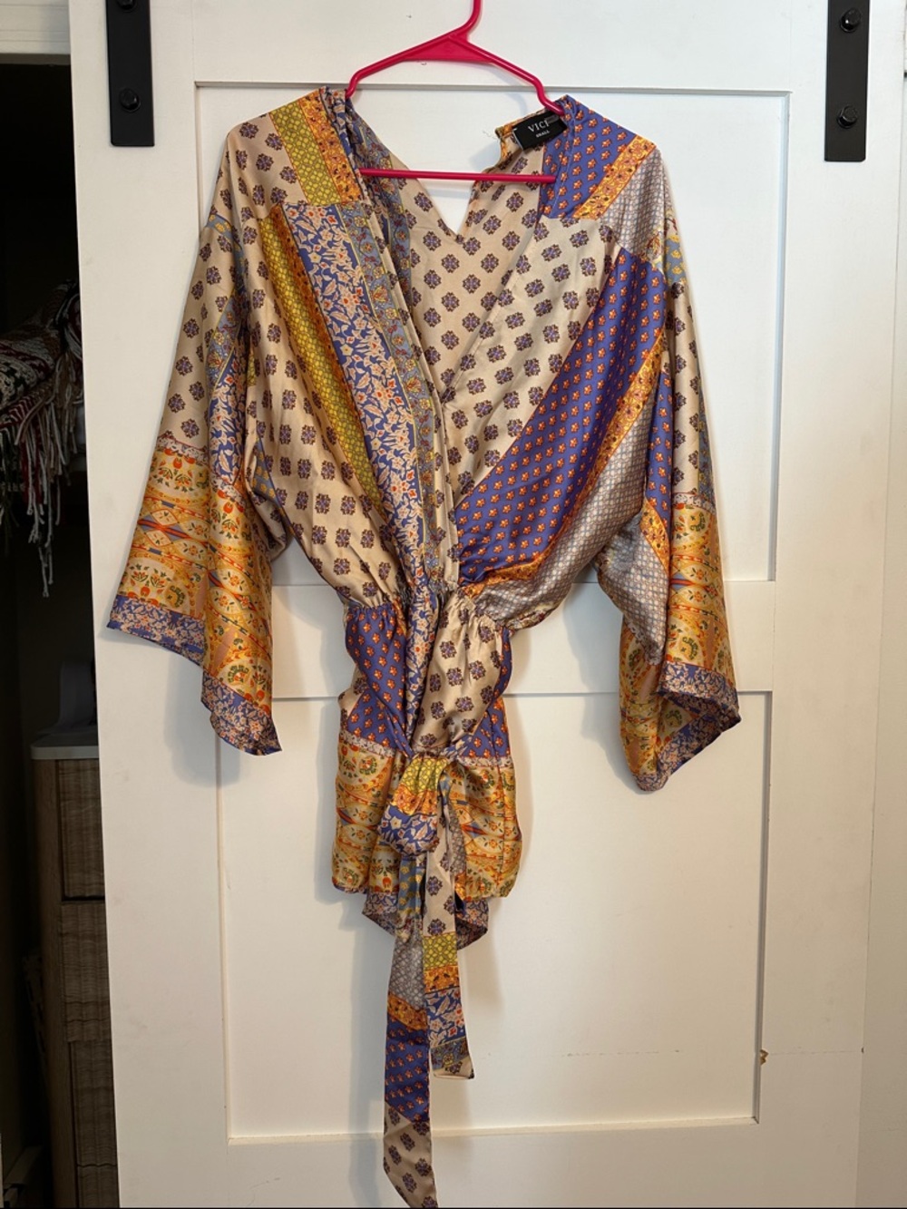 VICI Patchwork Tie-Front Kimono in Cream, Purple, Mustard